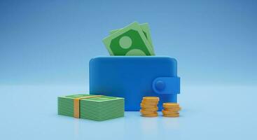 Blue Wallet with cash and coins on blue background. 3d rendering illustration photo