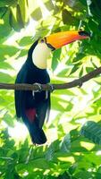 Vertical shot of a beautiful hornbill perched on a tree branch. Background of green leaves whit light of sun. photo