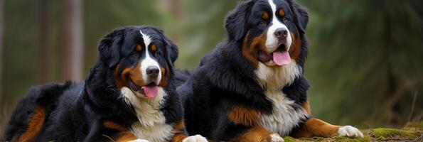 Majestic portrait of a Bernese mountain dog, Power and sweetness embodied in the beauty of this dog breed. . The faithful friend, a Bernese mountain dog posing. photo