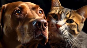 Together we can, Dog and cat are shown in close-up against a black background., An extraordinary friendship, Close-up of dog and cat on a dark background. photo