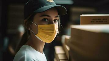 Side Closeup Look of Delivery Girl Wearing Mask and Stack of Parcel Boxes in Warehouse, Generative AI. photo