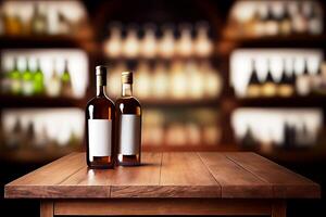 Decoration Bar Table. Closeup of Wine Bottle on Blur restaurant Background photo