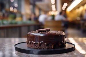 delicioso chocolate pastel en mesa con borroso restaurante antecedentes ai generado foto