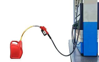 gasoline pump nozzle Refueling red gallon on white background photo