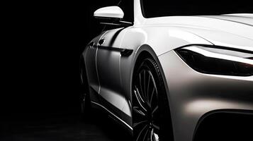 Close up white luxury car on black background with copy space. photo