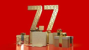 The gold number 7.7 on gift box on red Background  for promotion concept 3d rendering photo