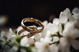 Two wedding rings with white flowers. Love concept. photo