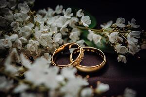 Two wedding rings with white flowers. Love concept. photo