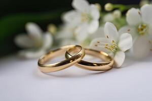 Two wedding rings with white flowers. Love concept. photo