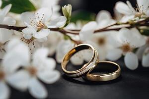 dos Boda anillos con blanco flores amor concepto. ai generado foto