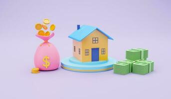 House with money bag and a stack of coins on the purple background 3d rendering illustration photo