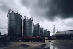 moderno petroquímico planta con reactores y convertidores debajo pesado cielo con espacio de copia. generativo ai foto