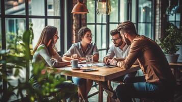 negocio personas que se discute trabajo en un café tienda. ai generado foto