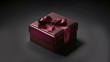 3d hacer de brillante mate rojo regalo caja con seda arco cinta en negro antecedentes y Copiar espacio. foto