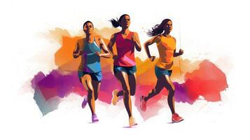 Group of friends running in a competition, lifestyle illustration, photo