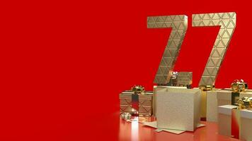 The gold number 7.7 on gift box on red Background  for promotion concept 3d rendering photo