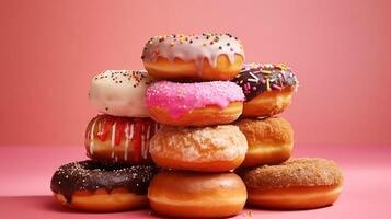 Stack of assorted donuts. Sweet doughnut background. photo