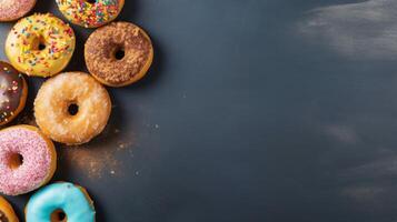 Top view of assorted donuts on blue concrete background with copy space. Colorful donuts background. photo