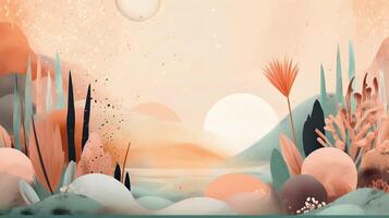 Boho Abstract Background with Florals Shapes, Bohemian Aesthetic Flowers Banner, photo