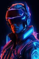 A neon man a neon jacket, cyberpunk man, image photo