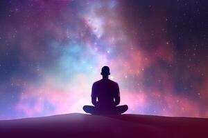 a man meditating under a galaxy sky. photo