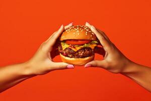 Hands holding a hamburger isolated on orange background. photo