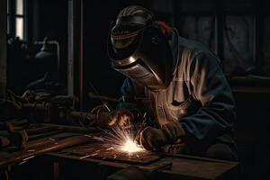 Industrial worker with protective mask welding steel structure in a factory. photo