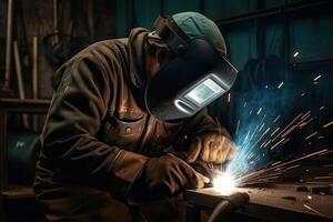 Industrial worker with protective mask welding steel structure in a factory. photo