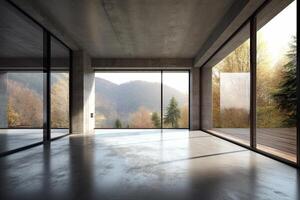 Interior of modern loft with concrete floor and panoramic windows. photo