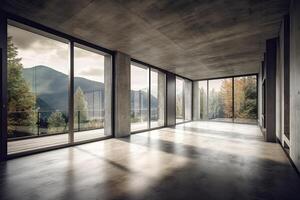 Interior of modern loft with concrete floor and panoramic windows. photo