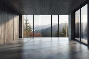 Interior of modern loft with concrete floor and panoramic windows. photo
