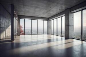 Interior of modern loft with concrete floor and panoramic windows. photo