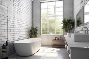 Bathroom interior design with white brick walls, tiled floor, comfortable white bathtub and large window. photo