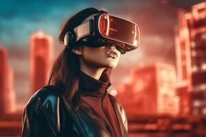 A woman wearing a vr headset in front of a cityscape, photo