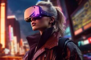 A woman wearing a vr headset in front of a cityscape, photo