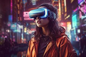 A woman wearing a vr headset in front of a cityscape, photo