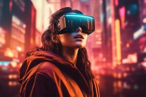 A woman wearing a vr headset in front of a cityscape, photo