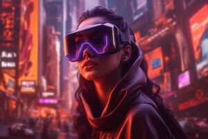 A woman wearing a vr headset in front of a cityscape, photo