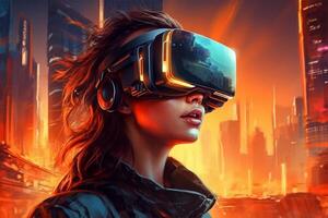 A woman wearing a vr headset in front of a cityscape, photo