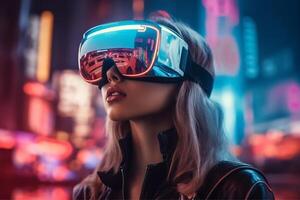 A woman wearing a vr headset in front of a cityscape, photo