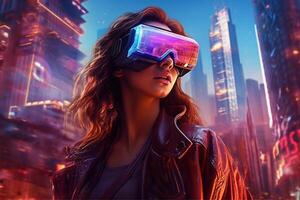 A woman wearing a vr headset in front of a cityscape, photo