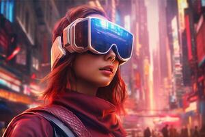 A woman wearing a vr headset in front of a cityscape, photo