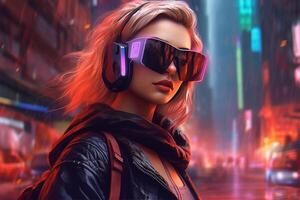 A woman wearing a vr headset in front of a cityscape, ai generated photo