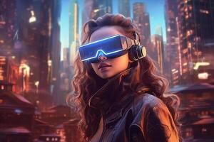 A woman wearing a vr headset in front of a cityscape, photo