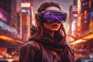 A woman wearing a vr headset in front of a cityscape, photo