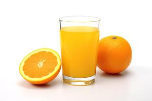 A glass of orange juice with sliced orange isolated on white background. photo