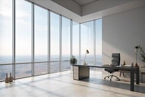 Modern office interior with panoramic window and city view. photo