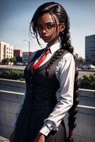 negro mujer con lentes y trenzas, vistiendo traje y rojo corbata ai generado foto