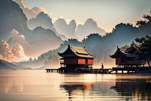 tradicional chino casas en un lago ai generado foto