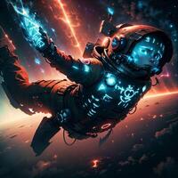 astronauta volador en espacio con brillante runas ai generado foto